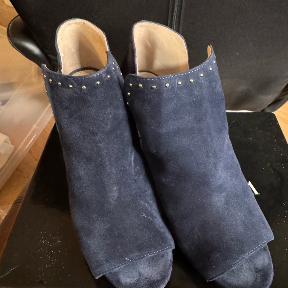WHBM Sargent Blue Ankle Booties with Suede Texture and Stud Accents